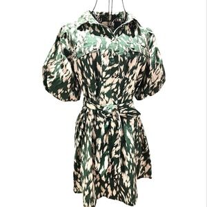 Sunny Girl Shirt Dress Sz US 4 Green Abstract Ikat Print Puff Sleeve Boho Chic